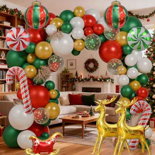 130Pcs Christmas Balloon Garland Arch Kit, With Gold Red Green White Balloons Candy Balloon Sequin Balloons Moose Sleigh Balloon for Christmas Party Decorations Supplies (23"Set)