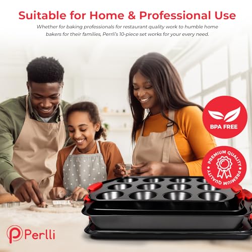 10 Piece Non-Stick Bakeware Set with Silicone Handles - Carbon Steel Oven Safe