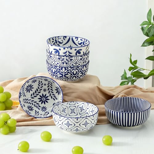 Blue 28oz Ceramic Soup & Cereal Bowls Set of 6 - Bohemian Pattern