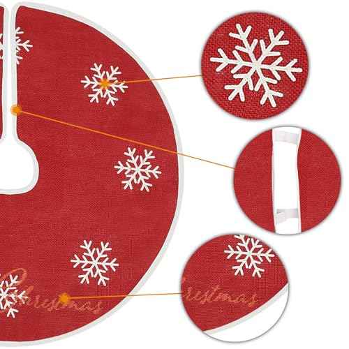 MACTING Small Christmas Tree Skirt 23 Inch Red Mini Tree Skirt with 8 White Snowflake Burlap Tree Mat Cover for Xmas Holiday Indoor Home Christmas Tree Decor
