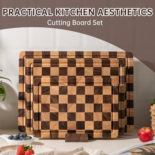 Checkered Walnut Cutting Board Set - 3 Piece Kitchen Prep & Serving Set 17"L x 12"W - Includes Storage Stand