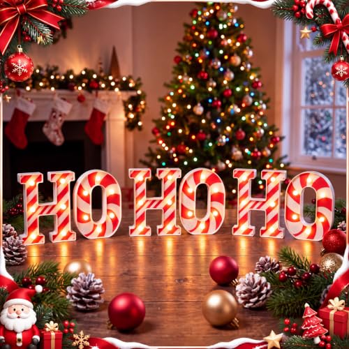Anglechic HoHoHo Candy Cane Light Up Letters – 6 Piece Table Décor, 6.3 x 4.7 x 2.4 in