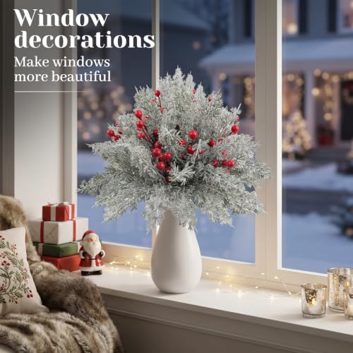 Snowy Green & Red Christmas Pine Branches with Berries - 60 Pcs Artificial Snow-Flocked Decor