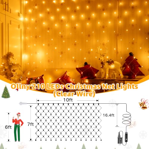 Ollny 210 LED Clear Wire Net Lights 10x7ft Outdoor Christmas Mesh Lights, 8 Modes