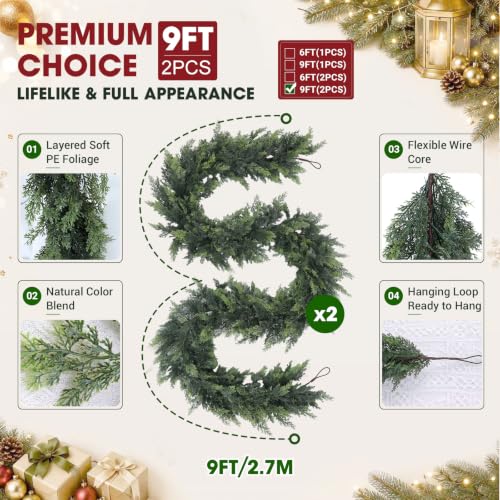 WQlittuK 2 Pack 9FT Artificial Christmas Garland, Dual Green Cedar & Pine for Indoor Outdoor Decor