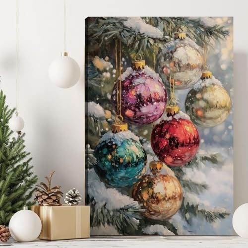 FENNIDICE Christmas Tree Canvas Wall Art 16x24 Snow Scene Winter Decor with Baubles
