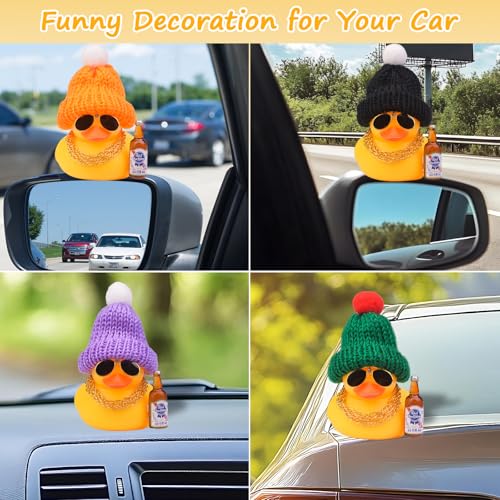 MuMyer E6-purple Car Dashboard Rubber Duck Ornament with Knit Hat, Sunglasses & Gold Chains (3in)