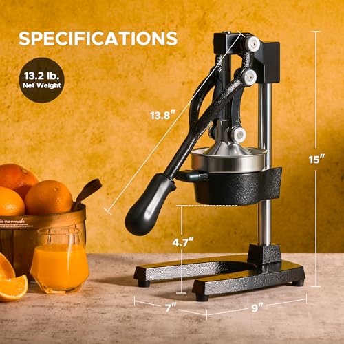 CO-Z Black Manual Citrus Juicer - Heavy Duty Orange & Lemon Press with Removable Strainer