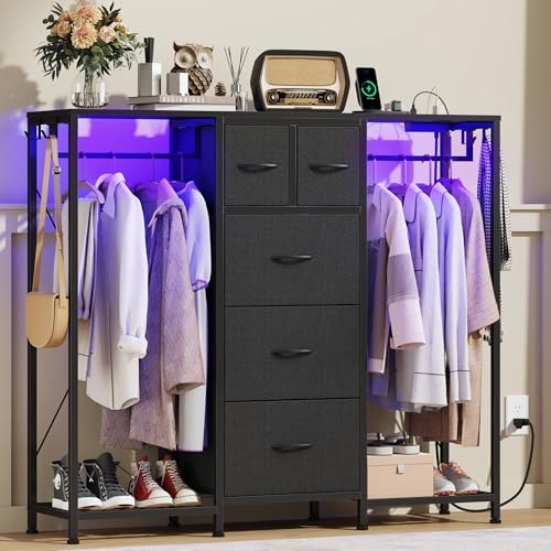 5-Drawer Dresser with Hanging Racks - Black, 49.2" Wide, Modern Storage