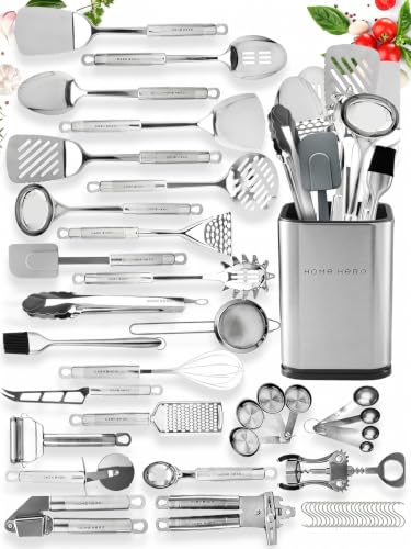 Silver Home Hero 54-Piece Stainless Steel Kitchen Utensil Set with Heat-Resistant Silicone