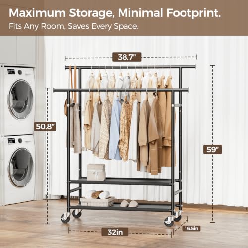 HYSEYY Black Large Double Rod Clothes Rack with 2-Tier Shelves & Wheels