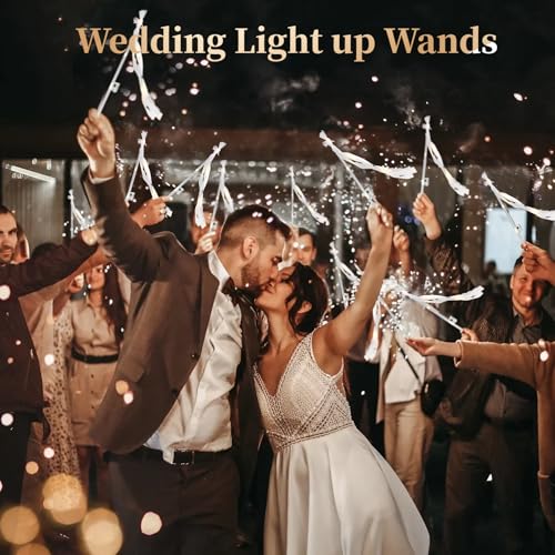 NURATIT 50 PCS Wedding Light Up Wands with Ribbons & Bells, Romantic Sparkle & 3 Light Modes