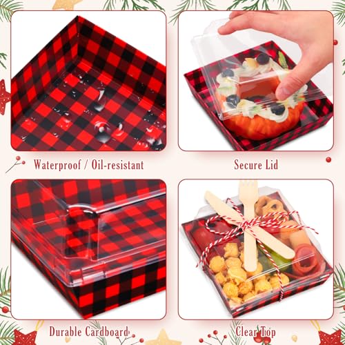 Christmas Charcuterie Boxes 100 Pack with Lids, Forks & Knives – Red/Green Checkered Paper Gift Boxes
