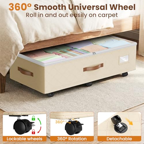Budding Joy Beige 2-Pack 80L Under Bed Storage Bins with Wheels & Handles