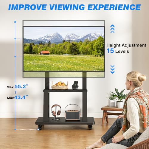 Black Rolling TV Cart for 37-75 Inch TVs Up to 150lbs - Double Shelves, Height Adjustable
