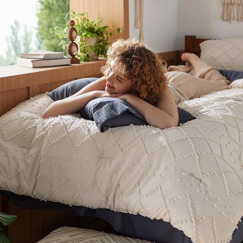 Bedsure Boho Tufted Beige Twin XL Comforter Set - Farmhouse Style Bedding