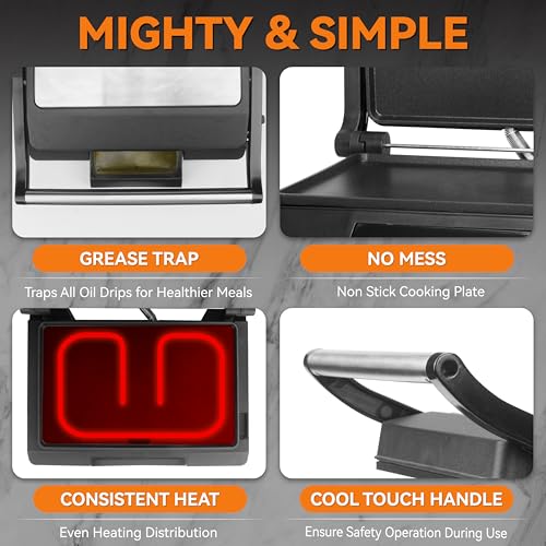 Baker's Friend Stainless Steel Mini Panini Press & Griddle - 2-Slice Sandwich & Pancake Maker