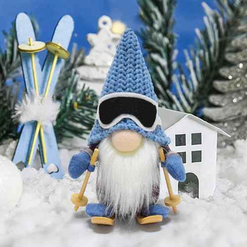 Cute Skiing Gnomes Plush Christmas Doll Gifts Handmade Knitted Ski Gnome Figurine Swedish Tomte Scandinavian Elf Dwarf Blue Winter Gnome for Home Tabletop Decor