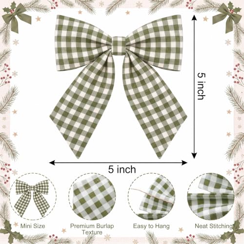 Olive Green & White Gingham Ribbon Bow 4.5" (12 Pcs) with Elastic Tie - Wavyknot