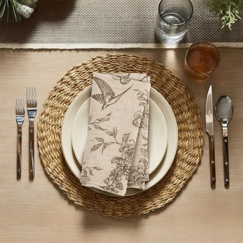 Flower Bird Vintage Cloth Napkins Set of 12 - Reusable Linen Cotton Dinner Towels for Weddings & Parties