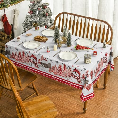Horaldaily Christmas Tablecloth 60 x 104 Inch Rectangular Red Snowman Pine – 100% Polyester