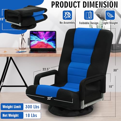 Blue Swivel Floor Gaming Chair with Armrests & Reclining 6-Position Lazy Lounger