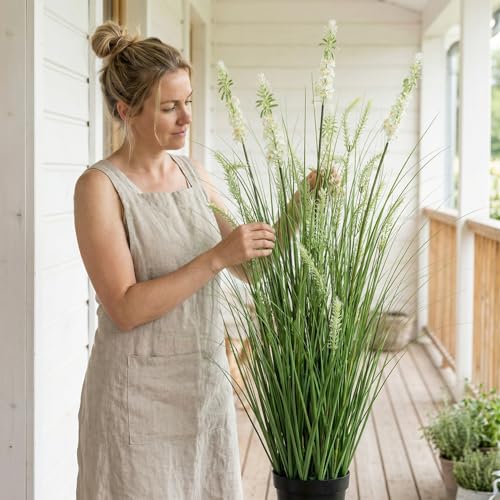 Artificial Tall Onion Grass Plants with Silk White Flowers - 4Ft, 2 Pack, Green & White Variation