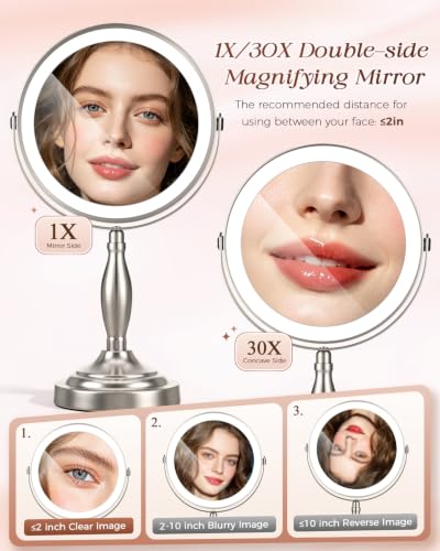 SANFANGIE Brushed Nickel Double-Sided Lighted Makeup Mirror 1X/30X Magnification