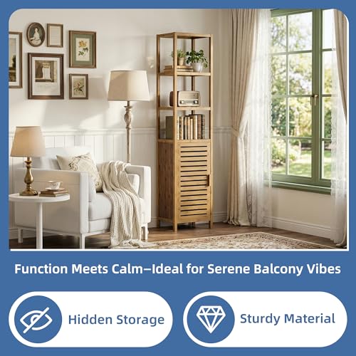 Walnut Bamboo Bathroom Tall Cabinet - 6 Tier Narrow Storage Unit with Removable Shelves