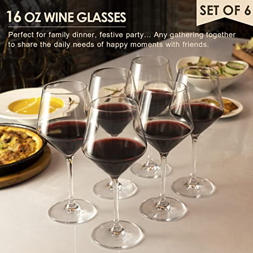 Crystal 6-Pack 16oz Lead-Free Hand Blown Wine Glasses - Italian Style Burgundy Long Stem Set