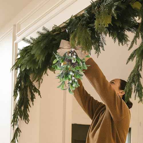 12 '' Large Christmas Mistletoe Decor Xmas Holiday Artificial Mistletoe Giant Kissing Hanging Bouquet Christmas Ornament with Sprigs Red White Berries for Xmas Floral Garland (1 Pcs,White)