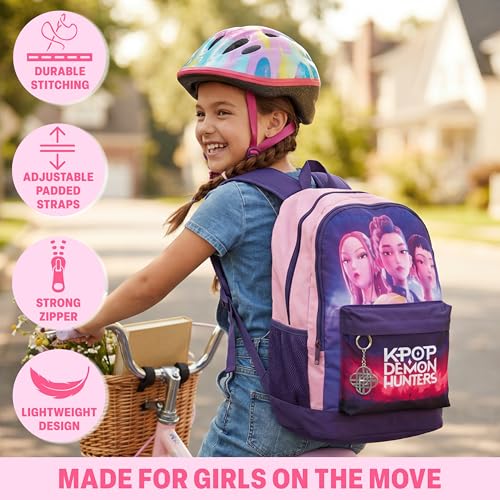 Get Trend KPop Demon Hunters Backpack for Girls - Purple/Pink, 18in Official Bookbag with Adjustable Padded Straps, Lightweight School & Travel Bag