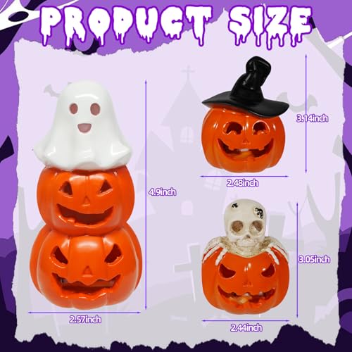 Rileryan 3 PCS Halloween Jack O Pumpkin Figurines Skull Ghost Figurine for Halloween Spooky Haunted Decor Gifts Home Kitchen Indoor Tabletop Tiered Tray Fireplace Decoration