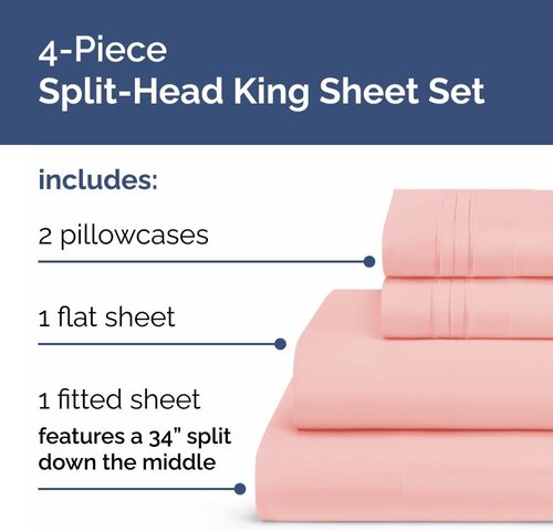 Flex Top Split Head King Sheet Set - Comfy Cooling Bed Sheets for Luxury Sleep - Deep Pockets, Soft Oeko-Tex - Baby Pink