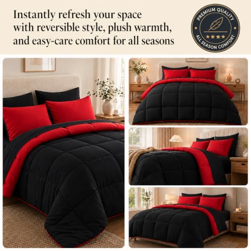 Anluoer Queen Comforter Set 7 Pieces, Reversible Black & Red Grid Bed in a Bag