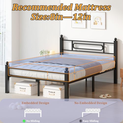 Gohapnis Full Size Black Metal Bed Frame with Headboard, Heavy-Duty Support, 12in Under Bed Storage, Easy Assembly