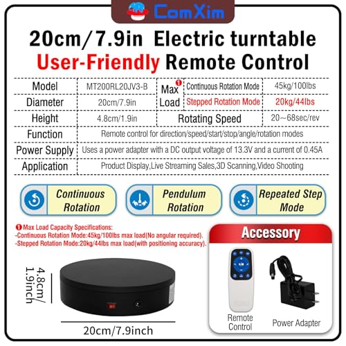 7.9 Inch Motorized Rotating Display Stand - Black, 100Lbs Load