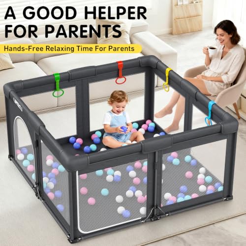 Baby Playpen Foldable 50x50 Inches with Mesh Sides & Dual-Access - Dark Grey