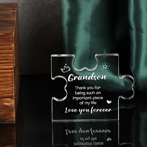 Funnli Grandson Gifts from Grandma Acrylic Puzzle Plaque - Christmas Valentines Day Fathers Day Birthday Gifts for Grandson 3.35 x 2.76 Inch Desk Decorations