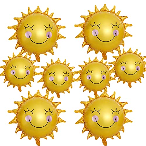 8PCS Sun Smil Foil Balloons Sunshin Aluminum Balloon Gold Summer Sun Helium Mylar Party Balloons for Birthday Baby Shower Christmas Party