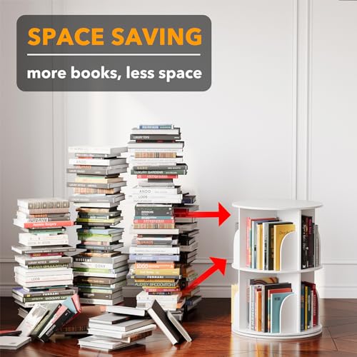 2-Tier Rotating Bookshelf Tower - 25.6 Inch White Spinning Bookcase Lazy Susan