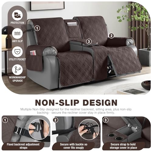 Loveseat Recliner Cover with Center Console - 2 Seater Waterproof Pet Sofa Protector - Chocolate