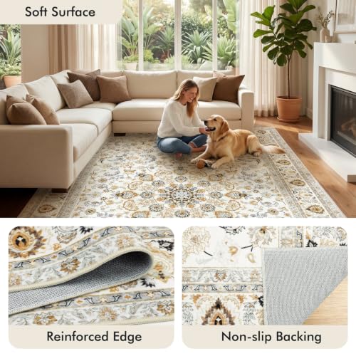 Fixwal 8x10 Beige Washable Area Rug for Living Room Non-Slip Vintage Boho Style