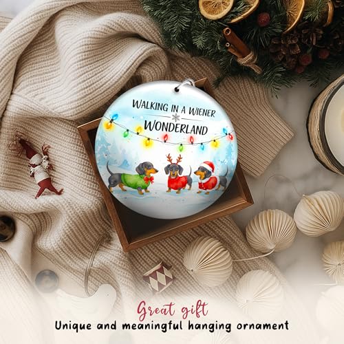 LINHARA Wiener Dog Ornament - 2-Sided Dachshund Christmas Decor, 3 Wiener Dogs