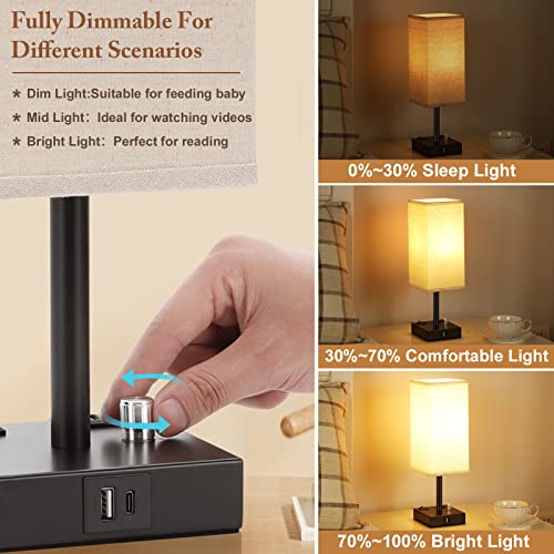Aooshine Beige 14in Bedside Table Lamps Set of 2 with Dimmable USB-C+A Outlets