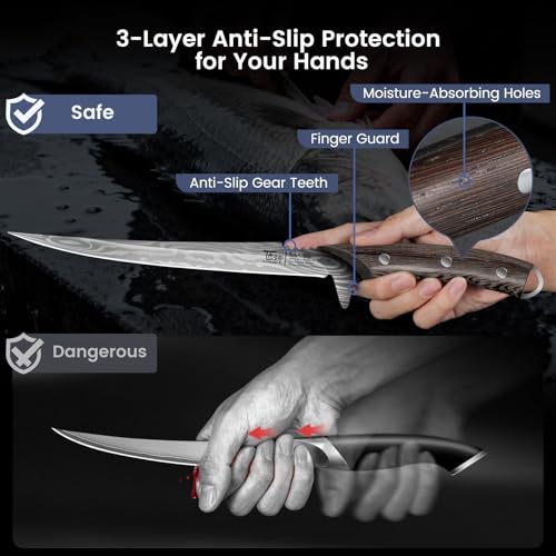 SYOKAMI 9 Inch Fillet Knife with Leather Sheath - Flexible Fish & Meat Boning Knife, Non-Slip Wooden Handle, Professional Japanese Outdoors Kitchen Tool