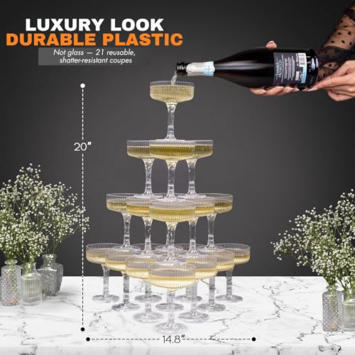 Ksestor 21-Piece Clear Plastic Champagne Tower Set - 7oz Coupes for Celebrations