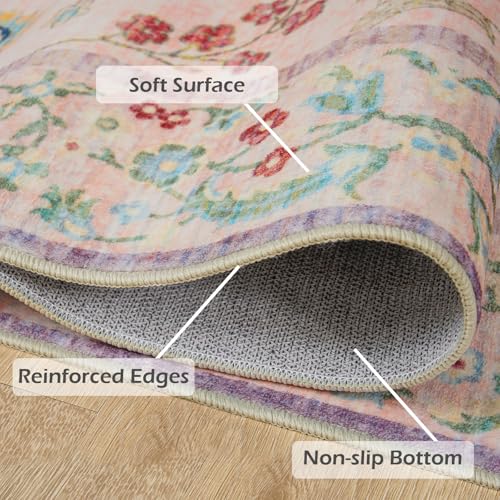 8x10 Pale Pink Floral Rug for Girls Room Non Slip Washable Boho Low Pile Carpet