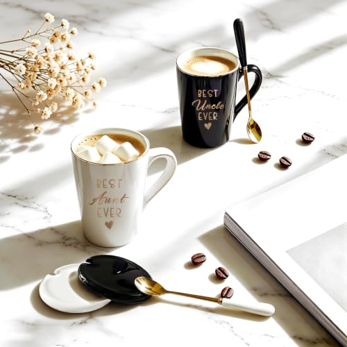 JUUNMAOO Black & White Best Aunt & Uncle Ever Mug Set 14 Oz with Lids & Spoons