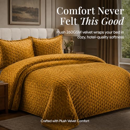 Gold Oversized Velvet Quilt Set - All Season King Size Comforter with Shams